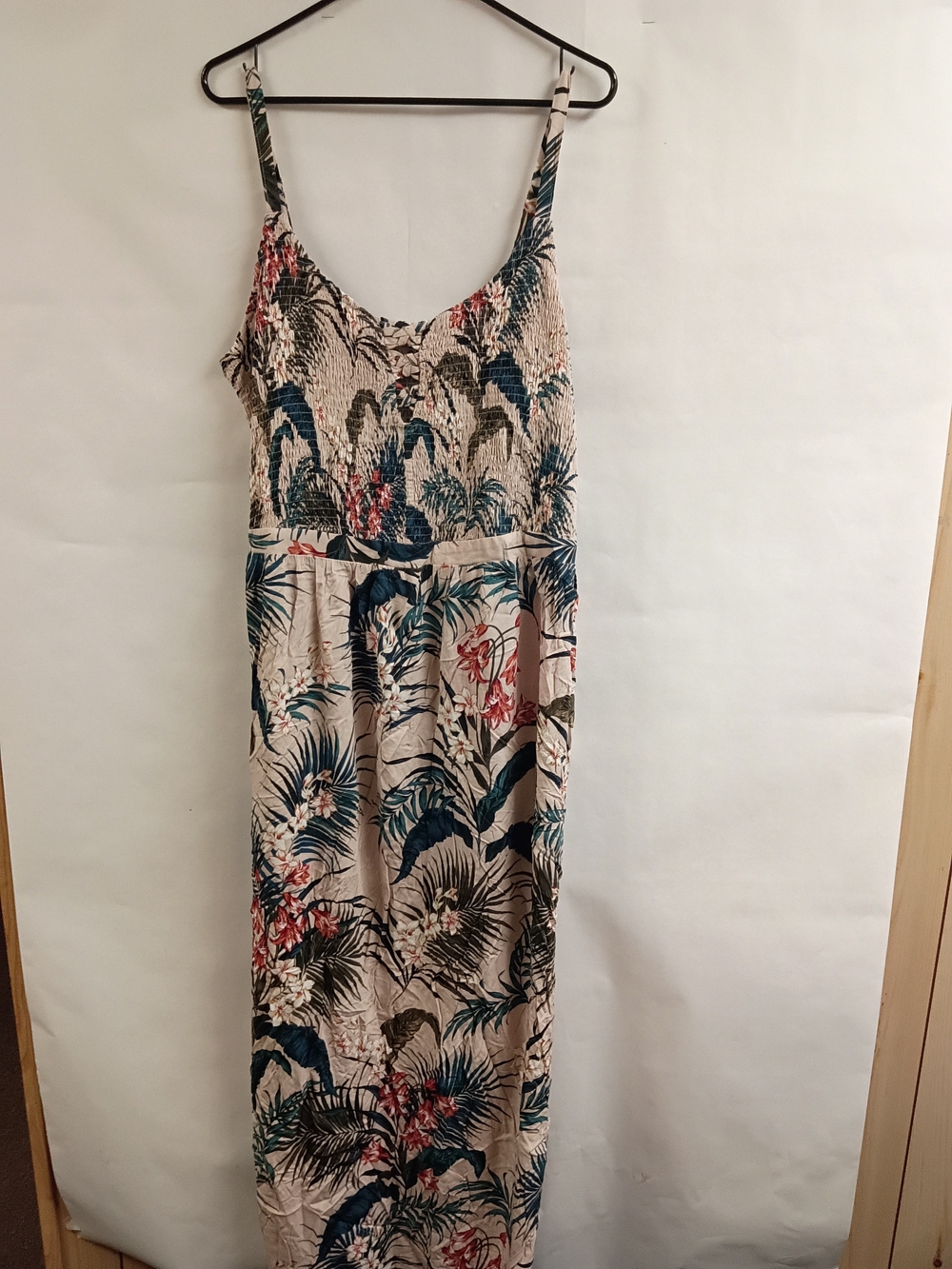 City Chic Beige Maxi Dress With Smock Top with Blue, Green & Red Tropical Print